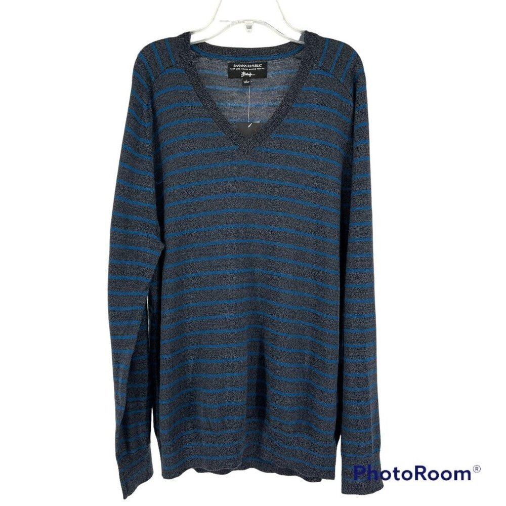 Banana Republic Italian‎ Merino Wool by Baruffa Sweater Large Grey Blue Striped